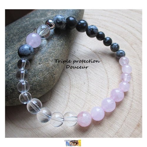Bracelet - "protection-equilibre-douceur" obsidienne flocons de neige, quartz rose, cristal de roche - acier, bijou lithothérapie, pierre