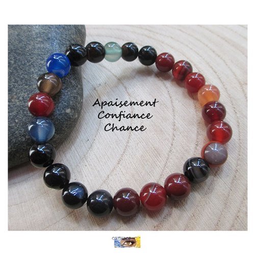 Bracelet  "apaisement-confiance-chance" agate multicolore, bracelet lithothérapie, pierre naturelle, perles agate