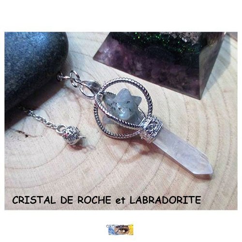 Pendule pierre et bracelet - radiesthésie - divinatoire pointe cristal de roche - "merkhaba" (etoile) labradorite chaîne métal argent