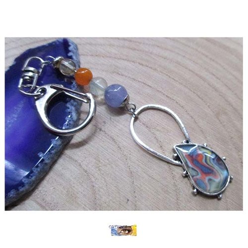 Porte-clés, bijou de sac, pendentif design aigue-marine, fluorite, calcite orange, citrine - "détente-joie"  + mousqueton