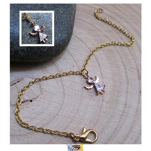 Bracelet chainette - "ange" - métal or, bijou enfant fantaisie, ange strass et or