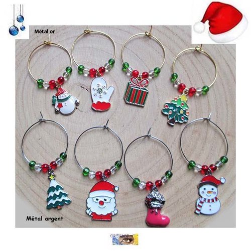 Marque-verres de noël pour verres à pied, métal or et métal argent - breloques émail, perles verre; marque-places