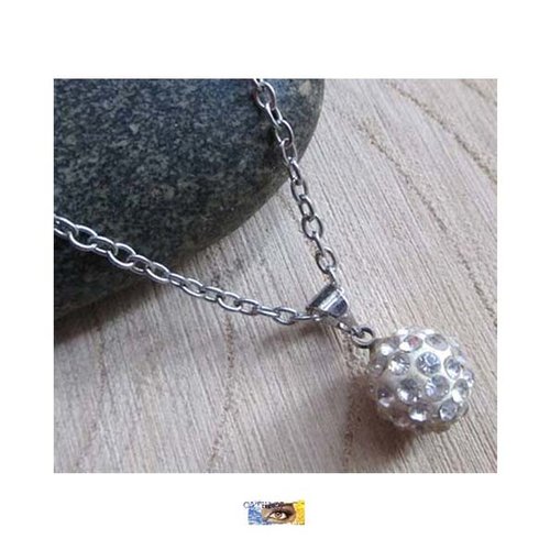 Chaîne pendentif - "boule" strass - chaine métal argent, chaine fantaisie femme, perle strass