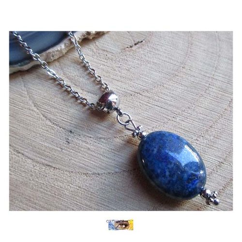 Chaîne "sagesse-espoir-courage" - lapis lazuli - acier inoxydable, chaine lithothérapie, pierre naturelle, perles et pointes lapis lazuli