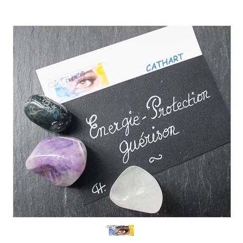 Pack - "energie-protection-guérison" - améthyste, cristal de roche, agate mousse, pierres soins, améthyste, cristal de roche, agate