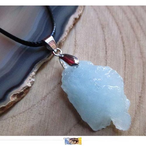 Tour de cou - "persévérance-détente" - aigue marine brute - cordon coton enduit, collier lithothérapie, chaine pierre femme