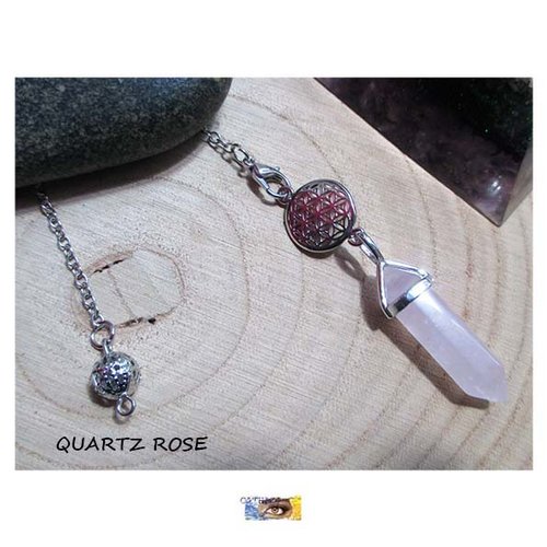 Pendule pierre et bracelet - radiesthésie - divinatoire pointe quartz rose et médaillon "fleur de vie" - pendule pierre