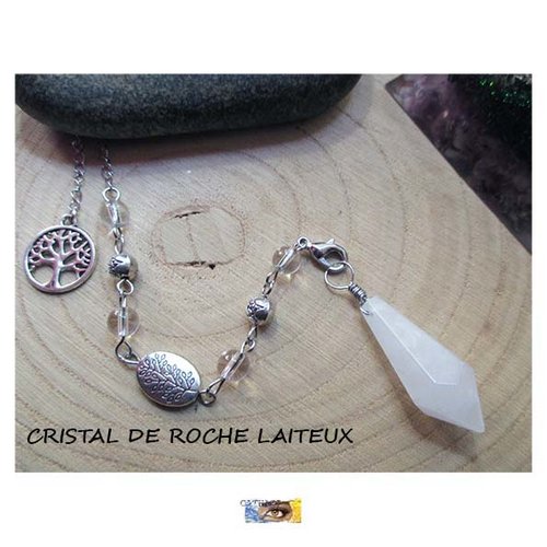 Pendule pierre et bracelet - radiesthésie - divinatoire pointe cristal de roche laiteux - médaillon "arbre de vie" - pendule pierre