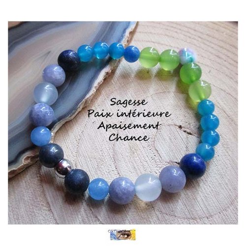 Bracelet "sagesse-apaisement-chance-paix intérieure" lapis lazuli, aventurine, agate, angélite, - acier inoxydable, bracelet pierre