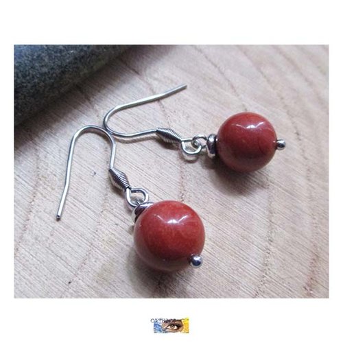 B.o. boule jaspe rouge, boucle oreille pierre, acier, boucles d'oreille sur chaînette acier inoxydable, perle jaspe rouge