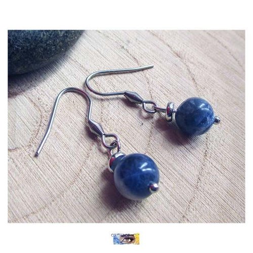 B.o. boule sodalite - acier inoxydable, b.o.. lithothérapie, boucle oreille pierre sodalite