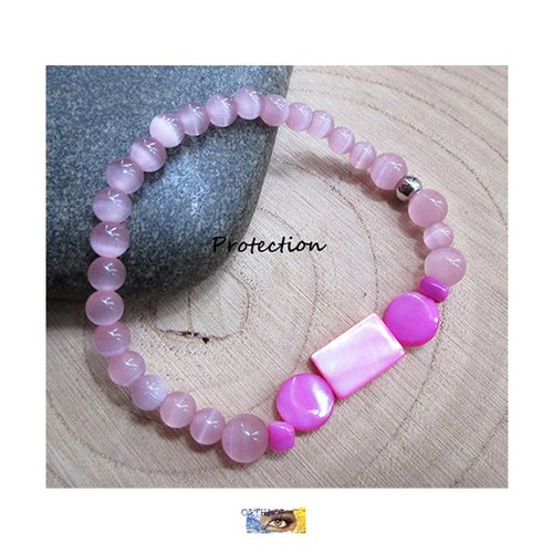 Bracelet "protection" perles œil de chat, nacre, pierre naturelle, perles, acier, bracelet lithothérapie