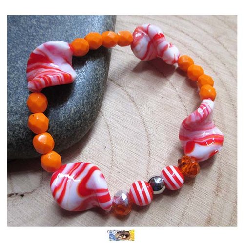 Bracelet "berlingot" perles verre lampwork orange/blanc - acier inoxydable