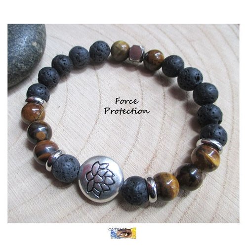 Bracelet "force-protection" fleur de lotus pierre de lave, œil de tigre, bracelet lithothérapie, pierre naturelle, œil de tigre