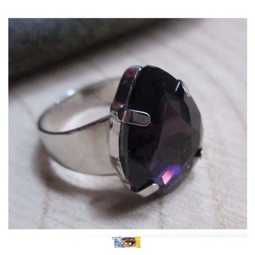 Bague cabochon strass "poire" améthyste - métal argent, cristal violet