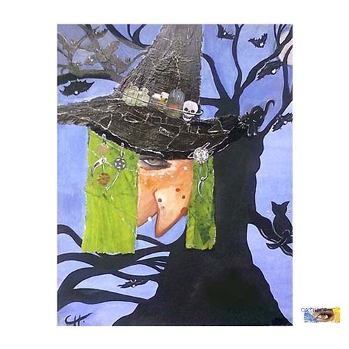 Toile collages et peinture - "sorcières et potions", peinture halloween, toile peinte sorcière