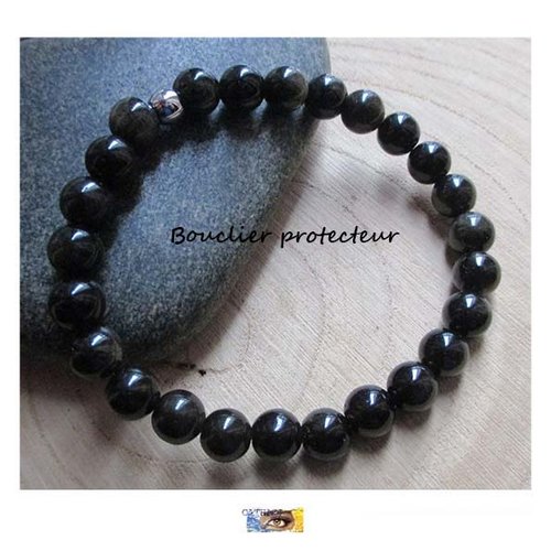 Bracelet - "bouclier protecteur-eveil spirituel" obsidienne dorée - acier, bracelet lithothérapie, pierre naturelle, perles