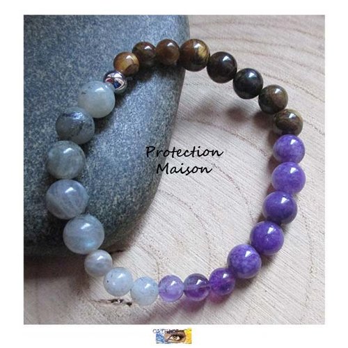 Bracelet "protection maison" - améthyste, labradorite, œil de tigre - acier inoxydable, bracelet lithothérapie, bijou pierres naturelles