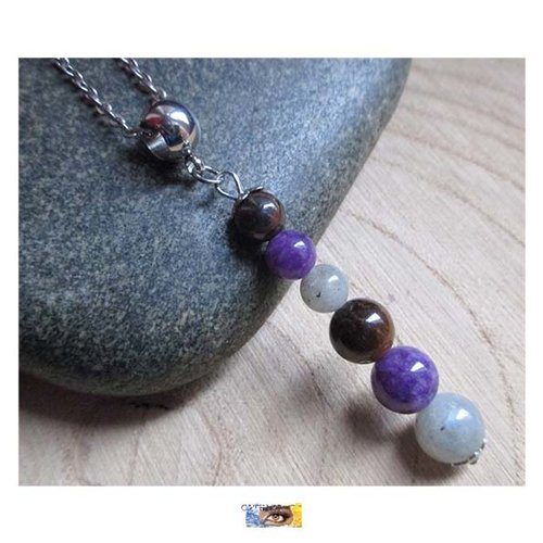 Pendentif "protection maison" - améthyste, labradorite, œil de tigre - acier inoxydable, chaine lithothérapie, bijou pierres naturelles