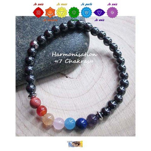 Bracelet harmonisation 7 chakras, hématite - acier inoxydable, pierres naturelles, bracelet lithothérapie, acier