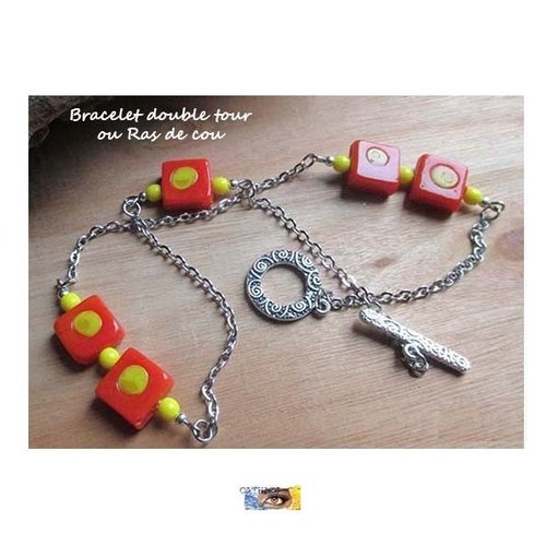 Bracelet chaînette verre tchèque de bohême, pâte de verre, bracelet perle verre, double tour ethnique, orange, jaune
