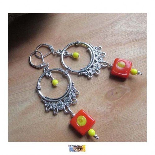 B.o. verre tchèque de bohême, pâte de verre, boucle oreille verre, boucle ethnique, orange, jaune