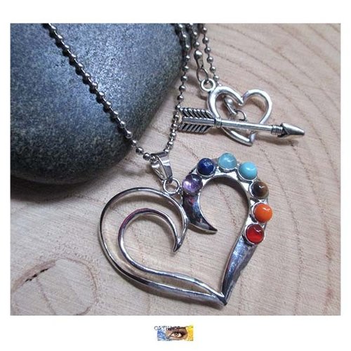 Chaîne pendentif - "cœur" - 7 chakras - pierres - chaine métal argent