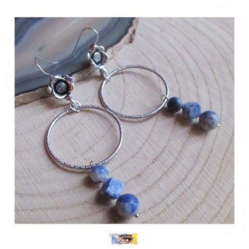 B.o. design sodalite - acier inoxydable, b.o.. lithothérapie, boucle oreille pierre sodalite