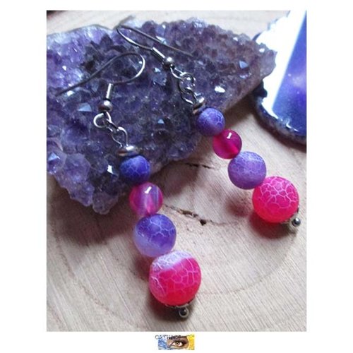 B.o. agate 2 tons - violet/fuchsia - acier inoxydable, boucles oreille litho, boucle pierre