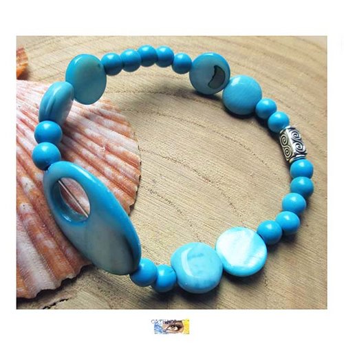 Bracelet howlite turquoise, coquillage métal argent