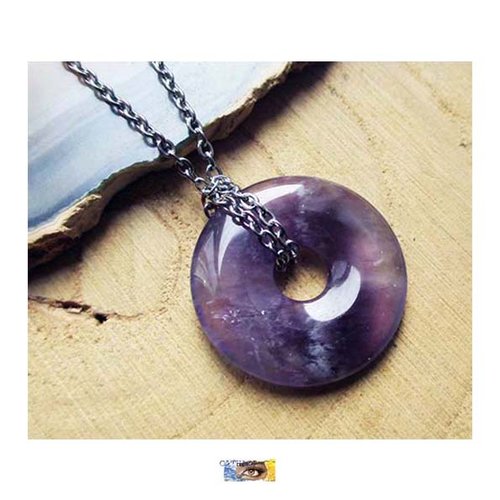 Chaîne "paix plénitude" - pendentif améthyste donut - acier inoxydable, chaine pierre améthyste, bijou lithothérapie, pierre