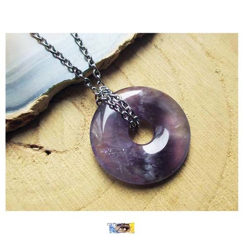 Chaîne "paix plénitude" - pendentif améthyste donut - acier inoxydable, chaine pierre améthyste, bijou lithothérapie, pierre