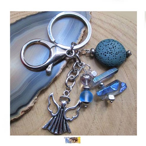Porte-clés - bijou de sac, voiture - gri-gri - ange, quartz angel aura, pierre de lave, métal argent