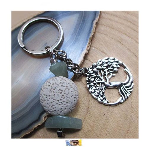Porte-clés - bijou de sac, voiture - gri-gri - arbre de vie - pierre de lave, aventurine, métal argent