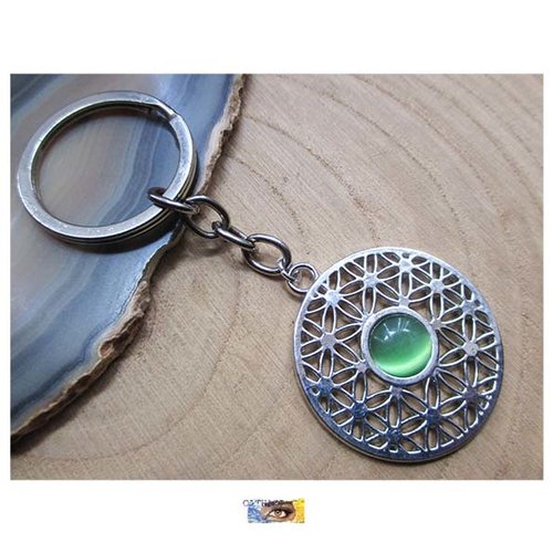 Porte-clés - bijou de sac, voiture - gri-gri -fleur de vie -cabochon œil de chat