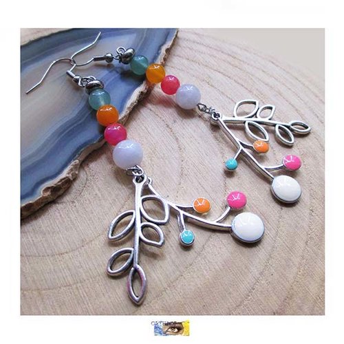 B.o. aventurine, agate, pierre de lune - feuilles et fleurs métal argent