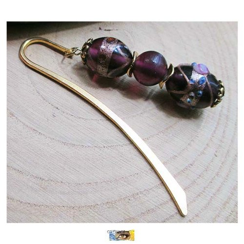 Marque-pages "romantique" - perles lampwork verre tchèque prune/or/lilas - métal or, signet noël