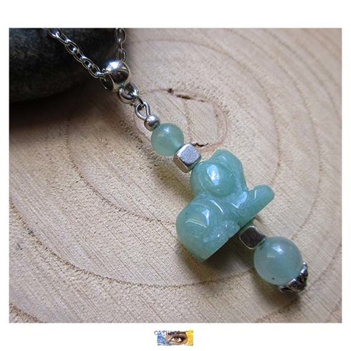 Chaîne pendentif chiot aventurine,  "douceur-apaisement-prospérité", pierre naturelle, chaîne lithothérapie, acier