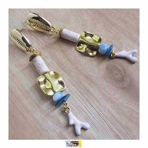 B.o. coquillage cauris, howlite, nacre, corail émaillé, boucle oreille coquillage, pierre naturelle, métal or