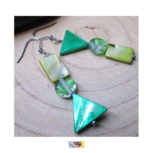 B.o. asymétrique "géométrie" nacre verte et œil de chat- acier inoxydable