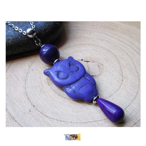 Chaine "chouette"-"anti-stress-bien-être-positivisme" - howlite violette - acier, chouette pierre violette