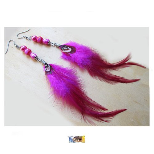 B.o. "plume fuchsia"- verre, nacre - acier inoxydable, boucle oreille plume fuchsia