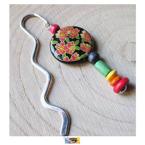 Marque-pages "floral" - perles bois - métal argent