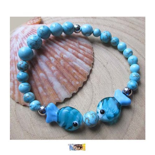 Bracelet "poisson" howlite turquoise et verre - acier, bracelet femme été, bracelet poisson verre