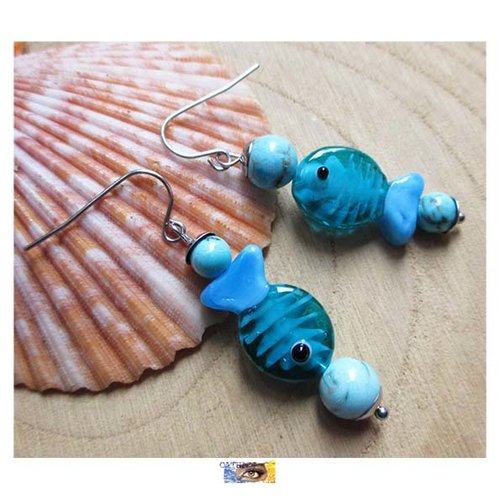B.o. asymétrique "poisson" howlite turquoise acier, boucle oreille poisson verre, boucles oreilles femme été