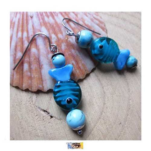 B.o. asymétrique "poisson" howlite turquoise acier, boucle oreille poisson verre, boucles oreilles femme été