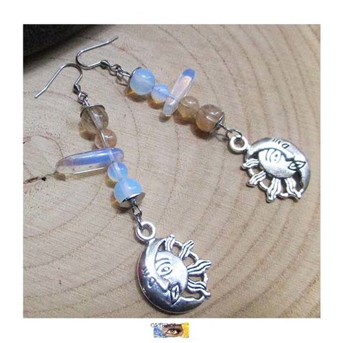 B.o. "lune-soleil" - citrine - opalite - métal argent et acier, boucle oreille pierre, b.o. lithothérapie
