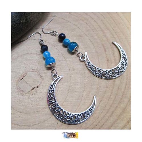 B.o. "lune" - agate-œil de tigre bleu (teinté) - métal argent et acier
