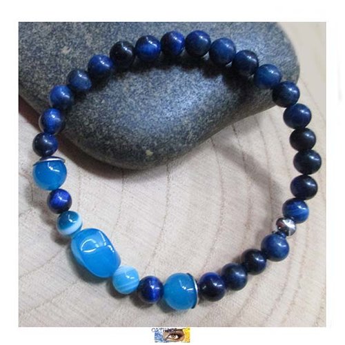 Bracelet "sérénité, sagesse intérieure" agate, œil de tigre bleu - acier inoxydable