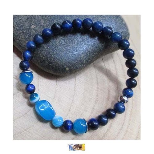 Bracelet "sérénité, sagesse intérieure" agate, œil de tigre bleu - acier inoxydable